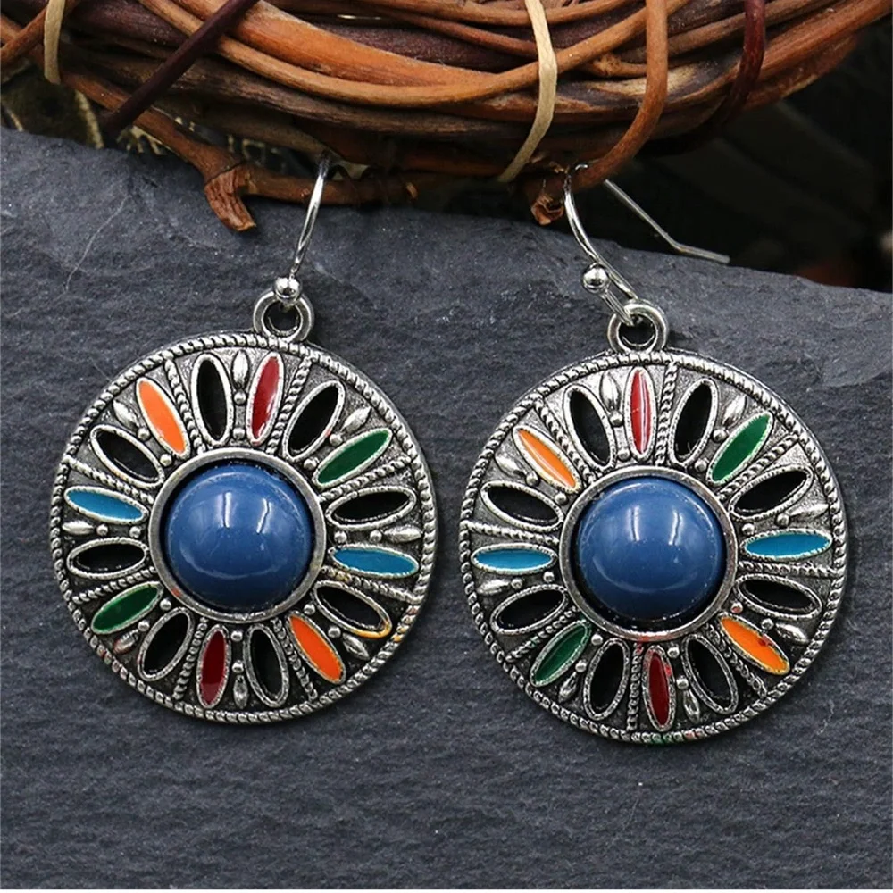 Boho Vintage Enamel Mandala Dangle Earrings Silver Tone